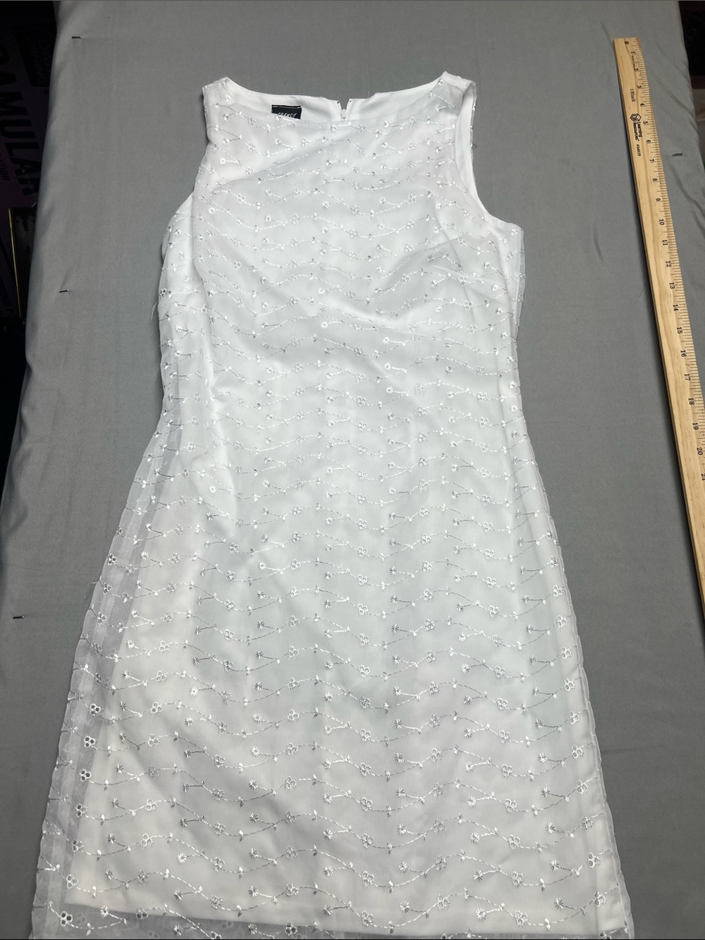 White Silver Floral Embroidered Mesh Sleeveless Shift Dress Boat Neck Formal